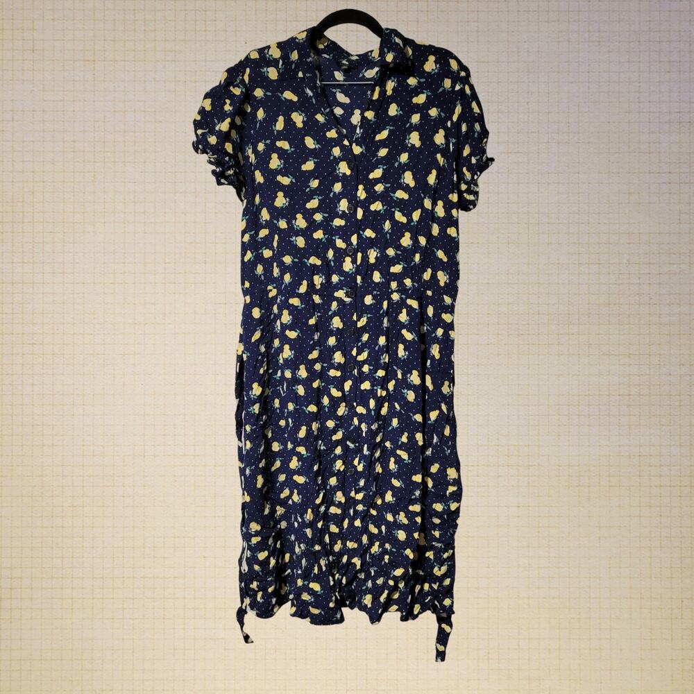 90s Casual Fruit Print Shirt Dress Talbots Navy Blue Polka Dot Size 16 Petite